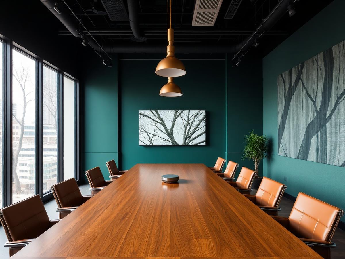 Conference room with long table and screen in Buckhead medical office building