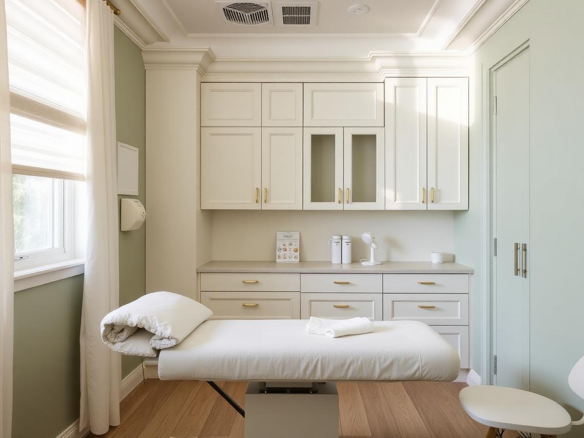 Private medical exam room in Buckhead office suite with exam table and cabinetry